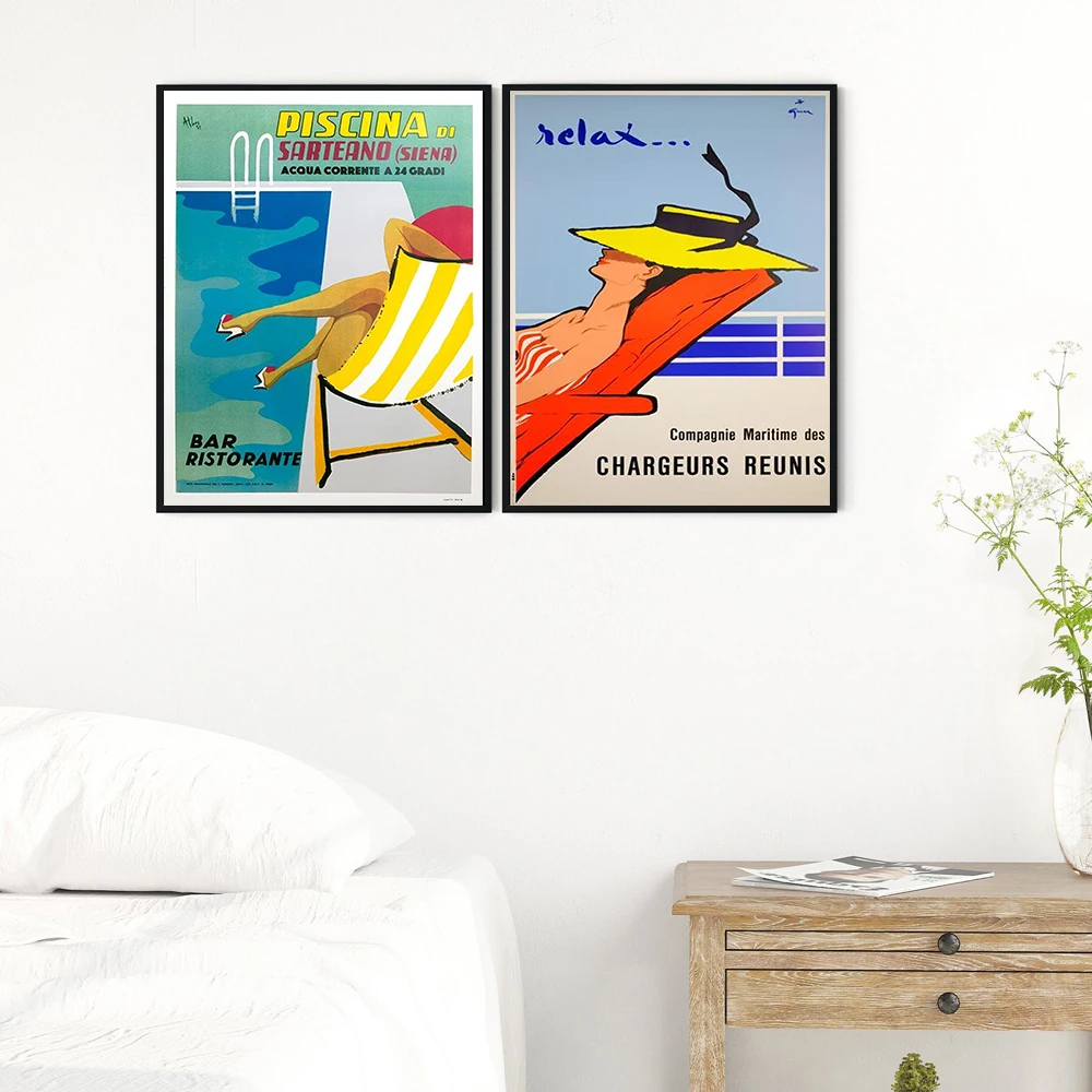 

Relax Compagnie Reunis French Boat Vintage Travel Posters Print Swimming and Sunbathing Wall Art Canvas Painting Home Decoration
