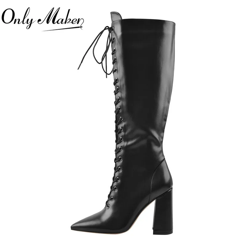 

Onlymaker Women Pointed Toe Black Lace Up Zipper Knee High Chunky Heel Winter Fashion Big Size Top Quality Boots