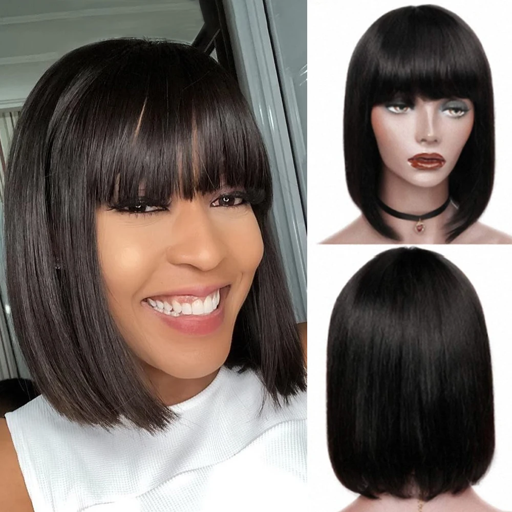 

Short Bob Wig With Bangs Straight Brazilian Hair Wigs For Black Women Human Hair Glueless Full Machine Made Remy Human Hair Wigs