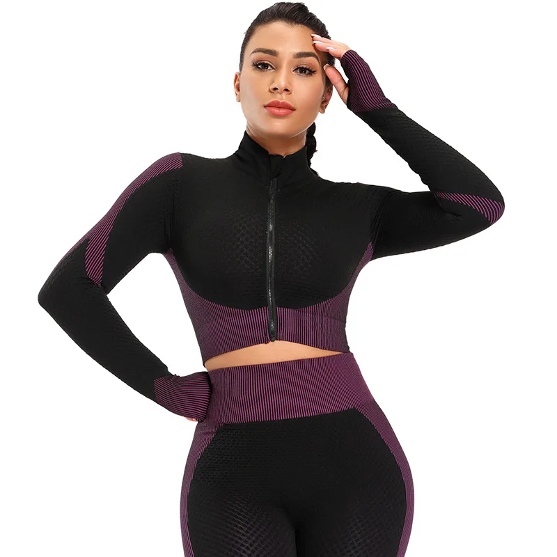 

1216HQ Zipper sport tight top long sleeve Yoga suit custom logo print on product and package from 1pc dropship