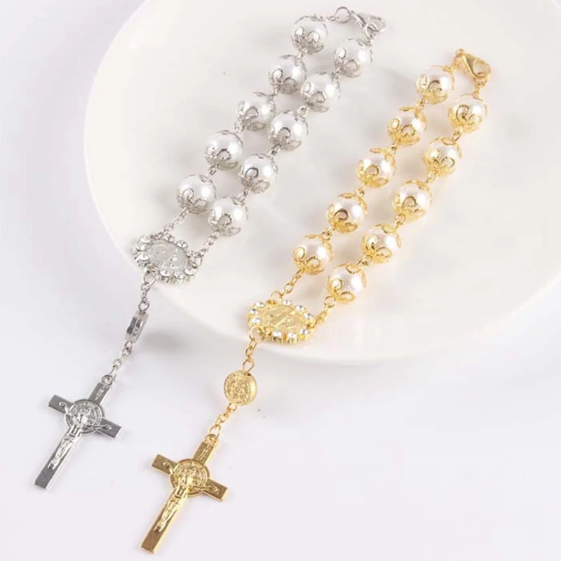 Браслет имитация жемчуга бусины католические четки Кубок Святого Причастия