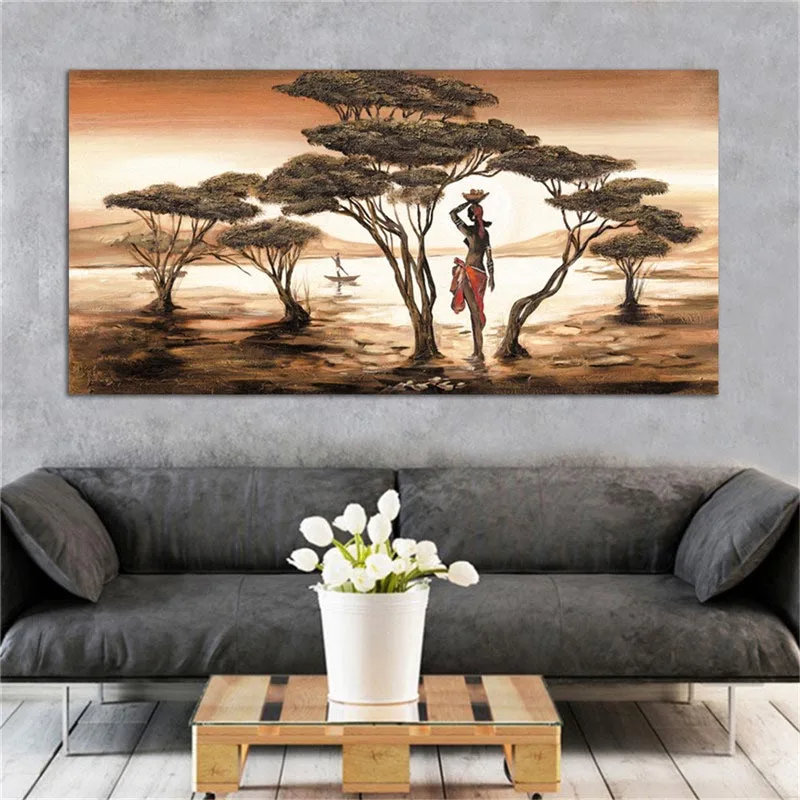 

African Art Landscape and Woman Canvas Painting Figure Posters and Prints Wall Picture for Cuadros Living Room Decor No Frame