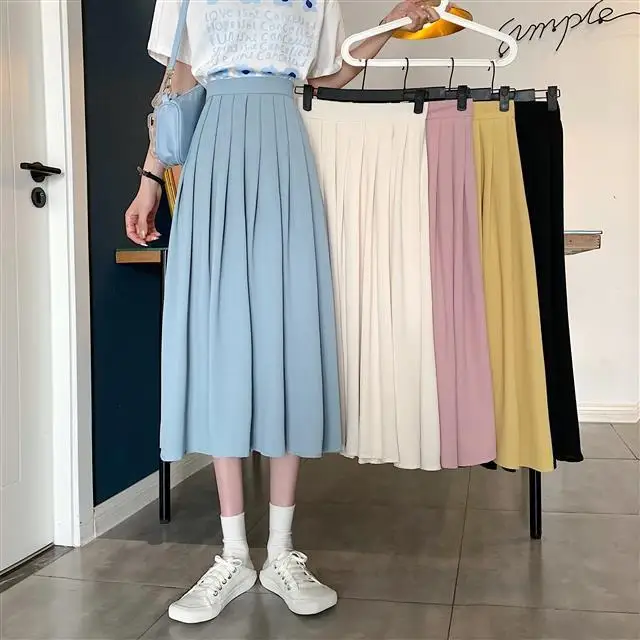 

Solid Candy-Colored Long Pleated Skirt Women Summer Casual Simple Midi Skirt 2021 A-Line High Waist Skirts Students Streetwear