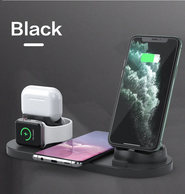 10w qi wireless charger station 6 in 1 for iphone airpods micro usb type c stand phone chargers for apple watch airpods charging free global shipping