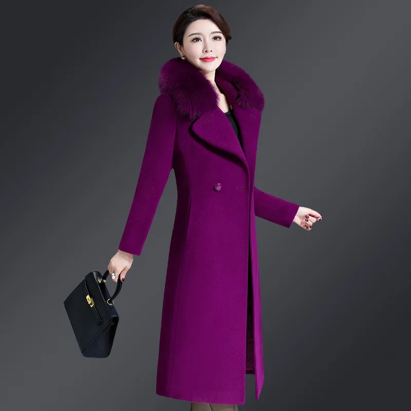 

Korean Winter Womens Wool Blends Faux Fur Collar Slim Coats Fashion New Elegant Adjustable Waist Meduim Length Coats Plus Size