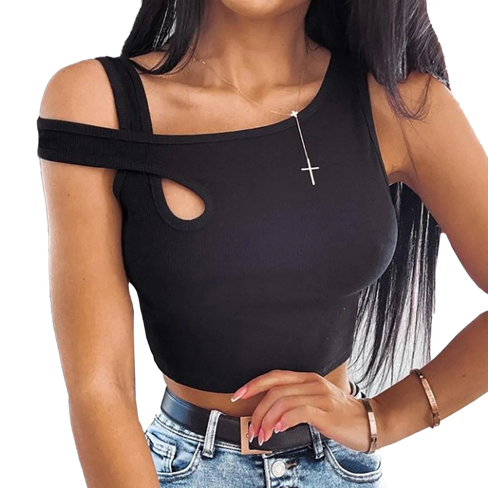 

Black Women's Summer Crop Top Sleeveless Round Neck T Shirt Casual Slim Fit Ladies Fashion Sexy Off Shoulders Female Tops D30