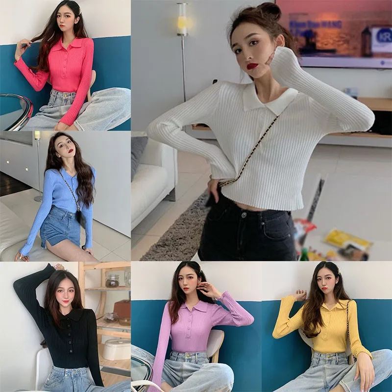 

Ladies Sweater Autumn Winter New Single-breasted Slim Bottoming Sweater Women's Solid Color Knit Pullover Top