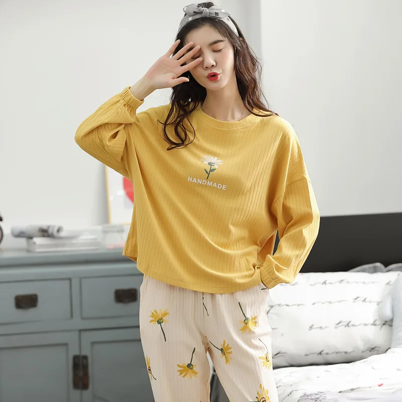 

2021 NEW Spring 100% Pure Cotton Little Daisy Long Sleeve Trousers Pajama Suit Home Wear for Women Fashion Sleep Wear Loungewear