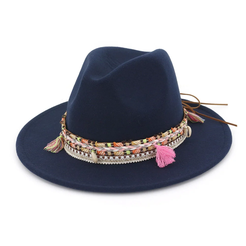 Шерстяная Женская и мужская фетровая шляпа Федора с кисточками богемная лента Элегантная Леди Зима Осень Джаз церковь Крестный отец шляпы сомбреро AD0873