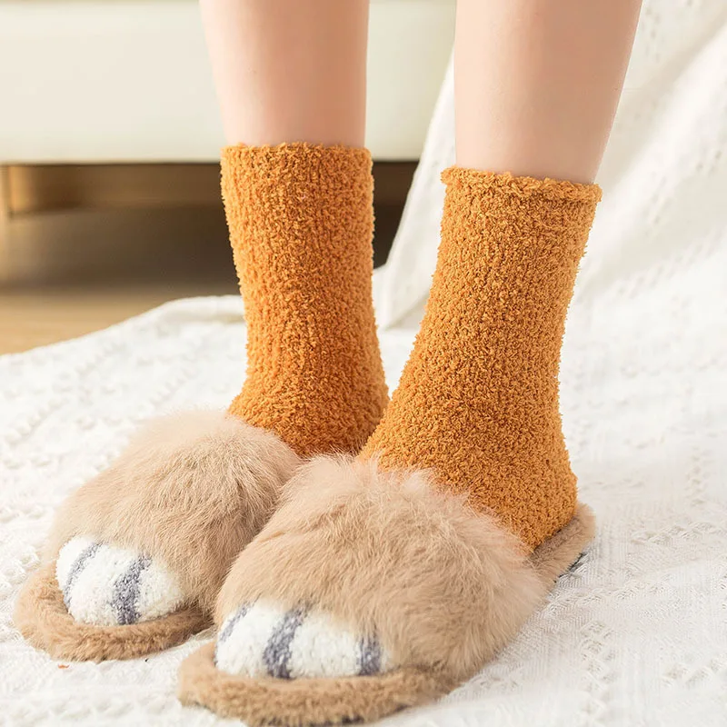 Animal Claws Coral Velvet Socks Winter Kawaii Thick Striped Cartoon Women Socks Fuzzy Fluffy Terry Warm Socks Short Cute Socks