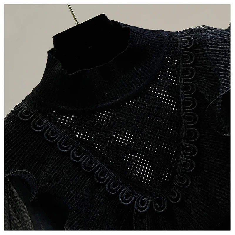 

Sexy Black Sweater Hollow Out Retro Style Office Lady Stand Collar Sweet Fall Tops Patched Ruffles Women White Knitted Shirt