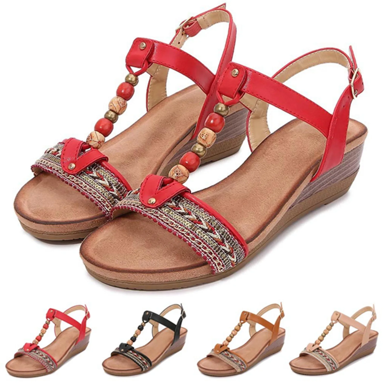 

Summer Ladies Inclined Heel Bohemian Retro Beaded Buckle Roman Sandals Simple Fashion Inclined Heel Women's Sandals