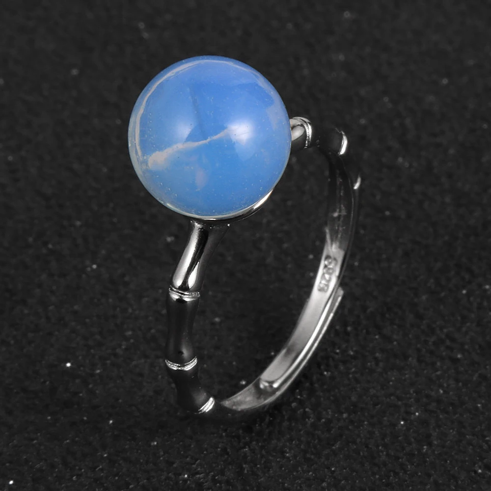 

BOHO Round Natural Stone Opal Crystal Bead Rings For Women Quality Silver Plated Bamboo Adjustable Ring Female Wedding Jewelry