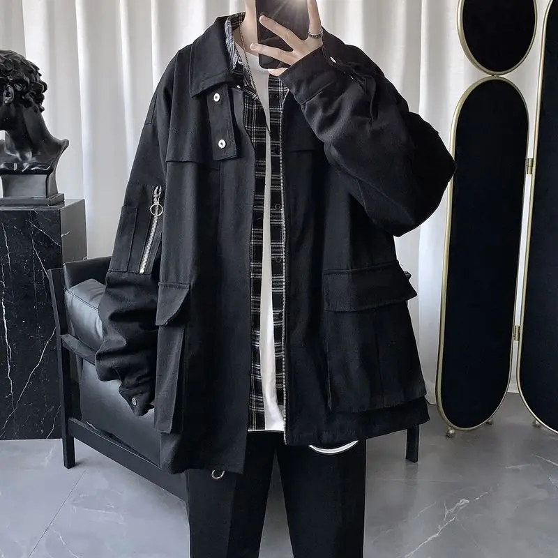 

Черная Рабочая куртка для мужчин, студентов, Корейская Свободная Повседневная трендовая универсальная куртка с несколькими карманами в го...