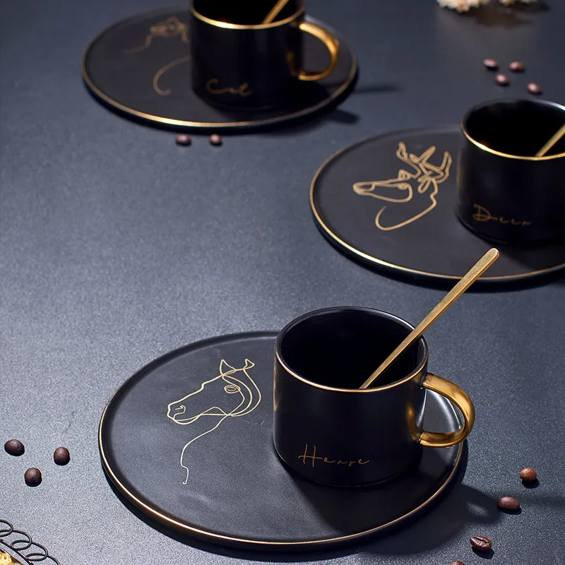 Европейская керамическая черная глазурованная кофейная чашка с блюдцем и ложкой