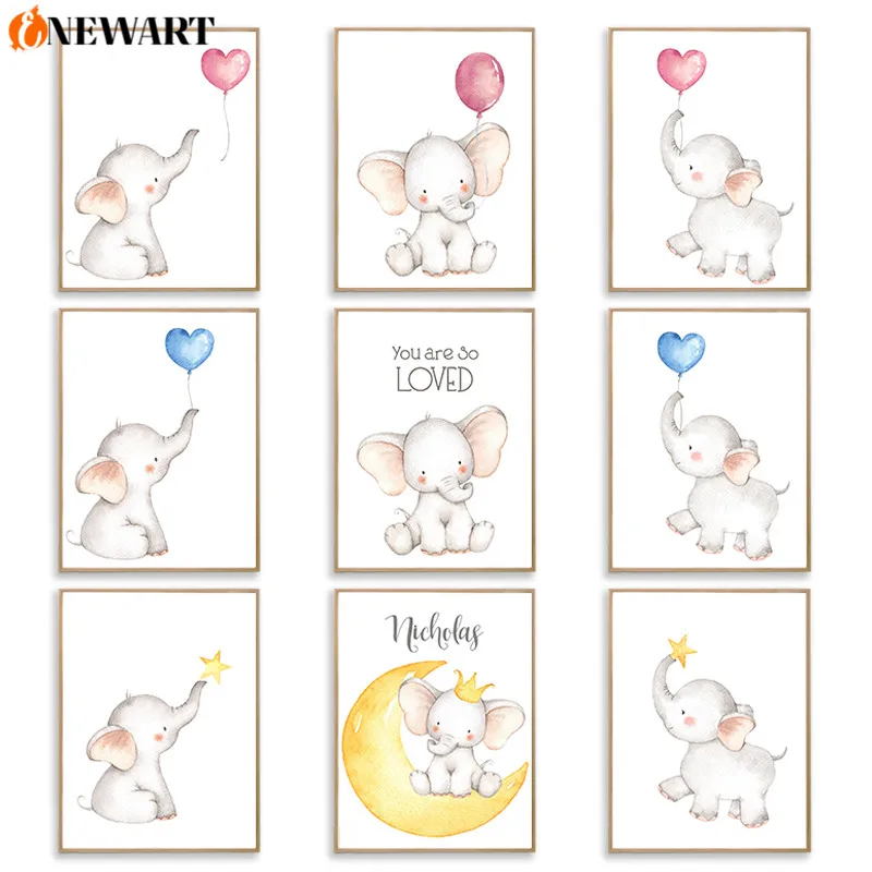Детская спальня холст настенный постер печать слон розовый синий воздушный шар