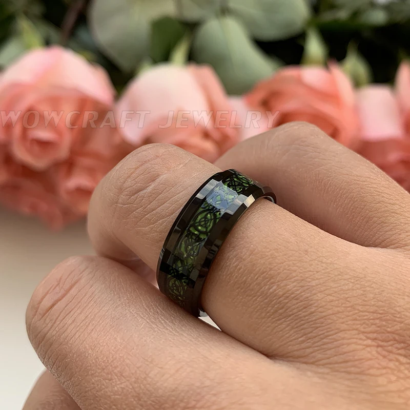 Мужские черные вольфрамовые Свадебные кольца с драконом зеленые из углеродного