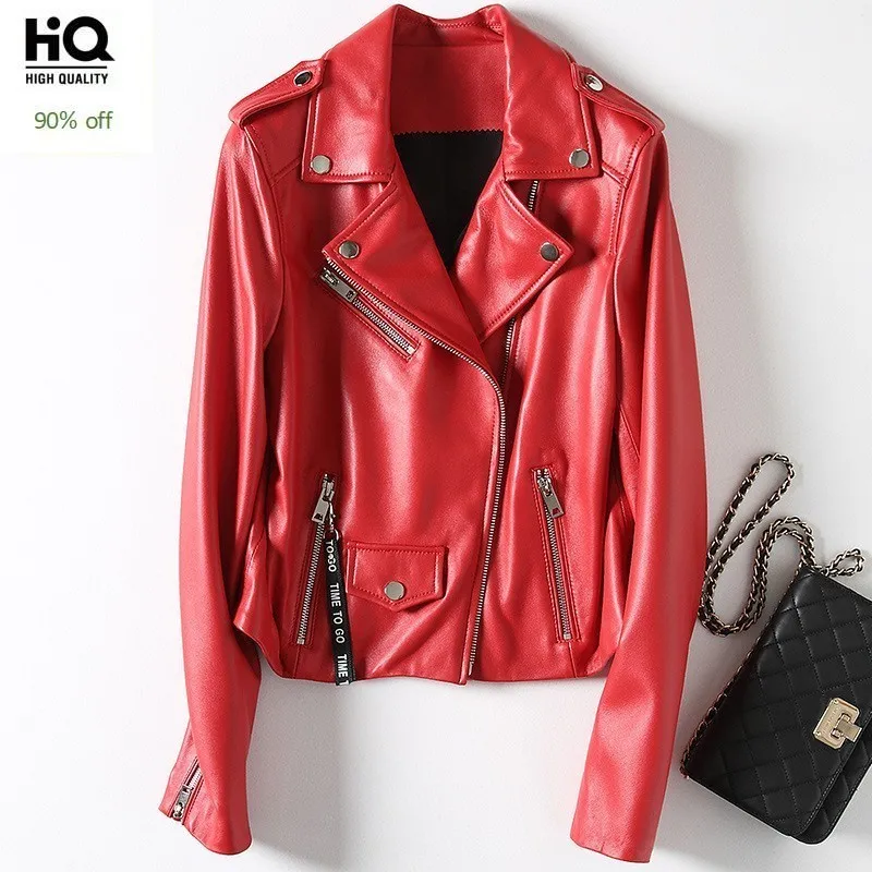 Мото Байкер натуральная кожа женские красные куртки с длинным рукавом на молнии