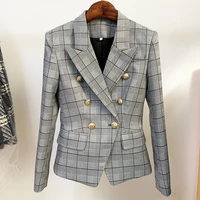 high street newest 2021 designer jacket womens classic plaid slim fitting double breasted lion buttons blazer