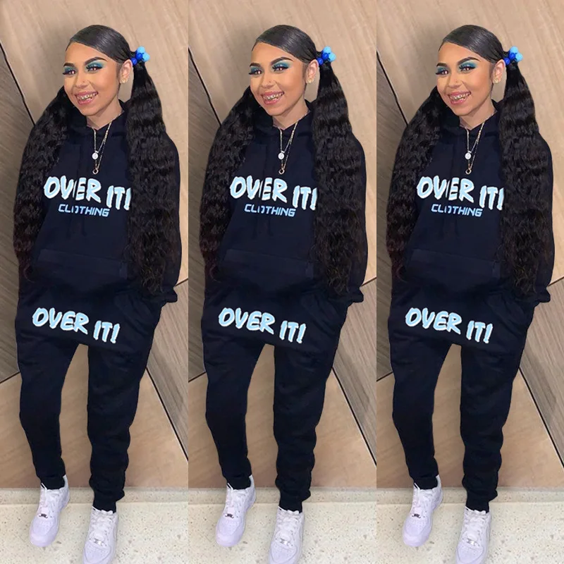 

Women's two-piece suit, 2021 spring and autumn women's clothing, fashion trend casual letter hooded sports suit two-piece suit