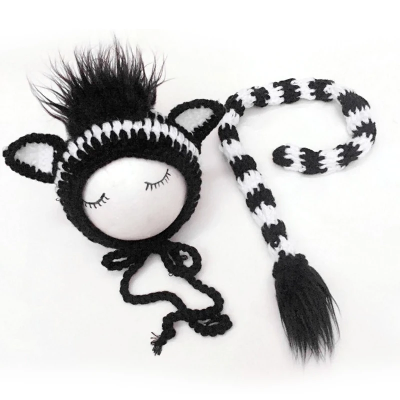 

2 Pcs Baby Zebra Design Hat Tail Set Handmade Knitted Clothes Photo Shooting Outfits Newborn Photography Props