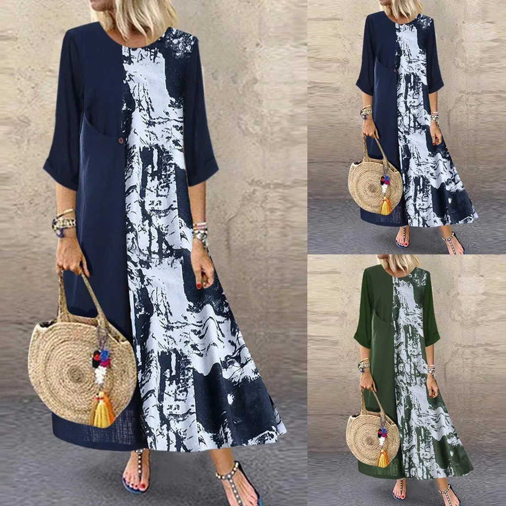 Женское платье-макси с принтом длинным рукавом круглым вырезом и карманами |