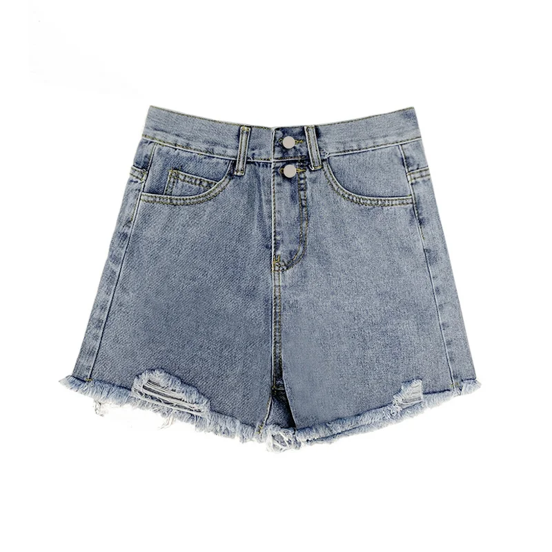

FMFSSOM Summer Women High Waist Button Irregular Jeans Casual Female edge curl Denim Shorts Lady Loose Two Button Design Short