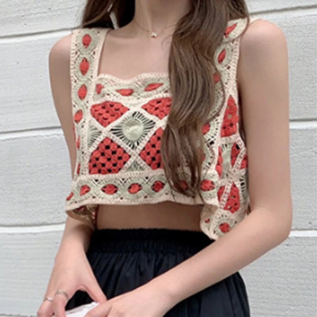 Кроп-топ женский трикотажный в богемном стиле ажурный винтажный пляжный жилет с