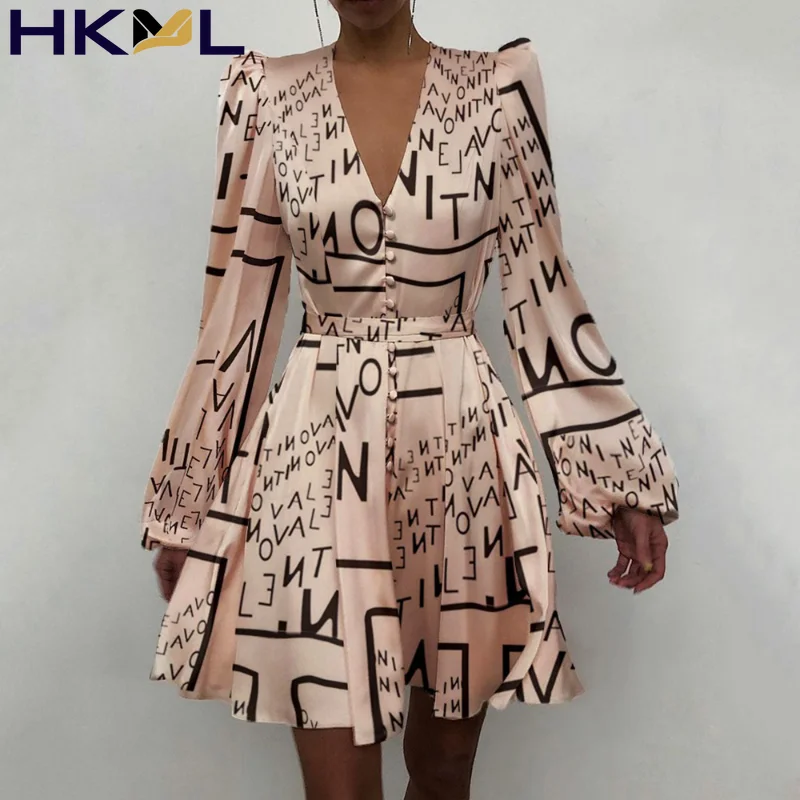 

2021 Fall Women Dress Sleeve Satin Solid Long Sleeve Elegant Button A-Line Casual Loose V-Neck Party Mini Dress