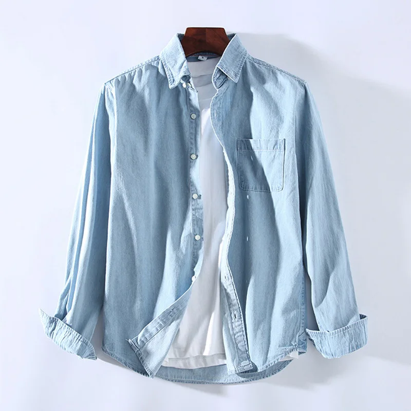 Мужская хлопковая рубашка с длинным рукавом Повседневная джинсовая