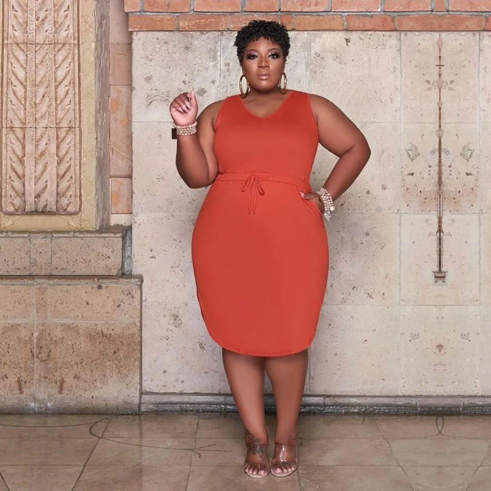 

Elegant XL-5XL Plus Size V Neck Dress Women Sleeveless Vestidos with Drawstring Waist Side Split Two Pockets Midi Maxi Dresses