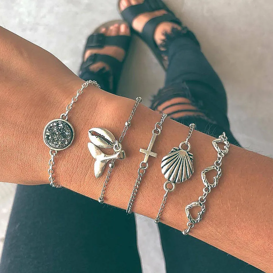 

Fashion Shell Cross Bracelets for Women Silver Color Hollow Love Conch Fish Tail Ball Charm Bracelet Set Female Jewelry Gift