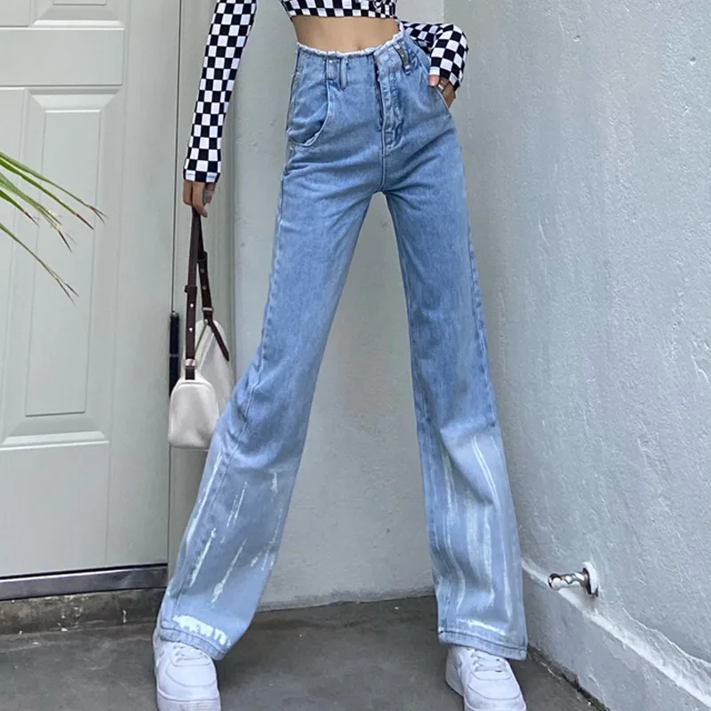 

XUXI Women Straight Trousers, Personality Tie-dye, Streetwear High Waist Denim Pants, Autumn 2021, E4031