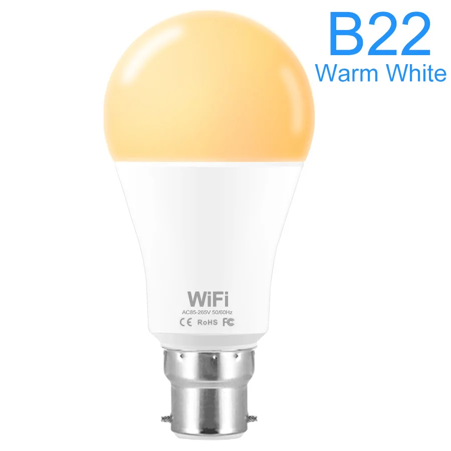 B22 Warm White Умная лампа с Wi-Fi управлением, умный светодиодный светильник 15 Вт E27, светильник с регулируемой яркостью, поддержка Amazon Alexa, Google Home, светодиодный светильник с дистанционным управлением для дома - Испускаемый цвет: B22 Warm White