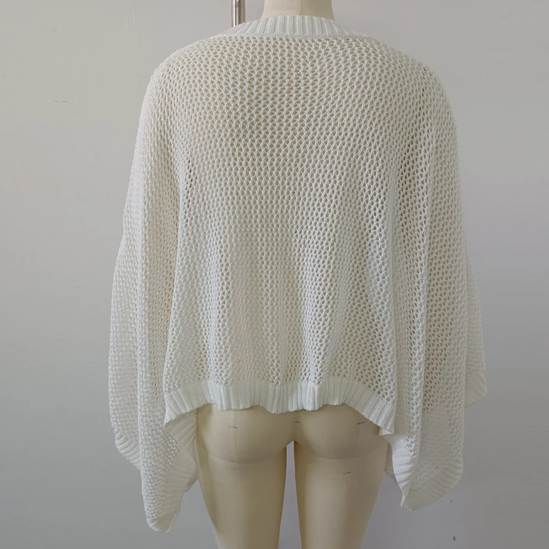 

White Sexy See Through Hollow Out Sweaters Women O Neck Batwing Sleeve Knitted Pullover Spring Autumn Solid Loose Irregular Tops