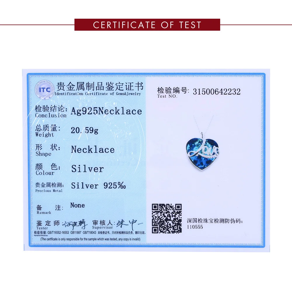 

LEKANI Blue Gem Pendant Necklaces Silver 925 Luxury Austria Crystal Heart Shape Chains Infinite Love Women Anniversary Gift New