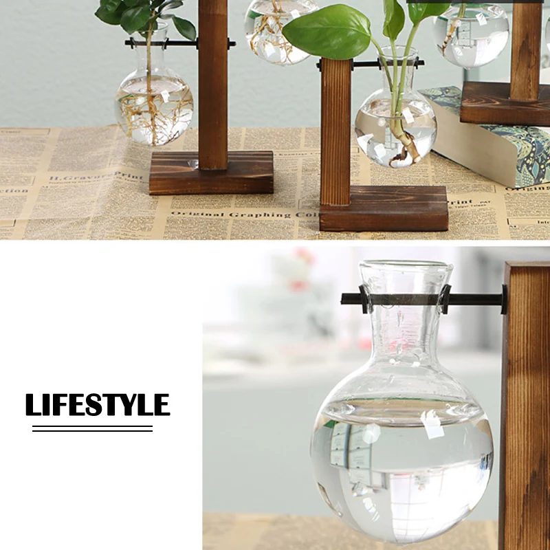 

Hydroponic Plant Vase Vintage Transparent Wooden Rack Decoration for Home Garden Wedding HANW88