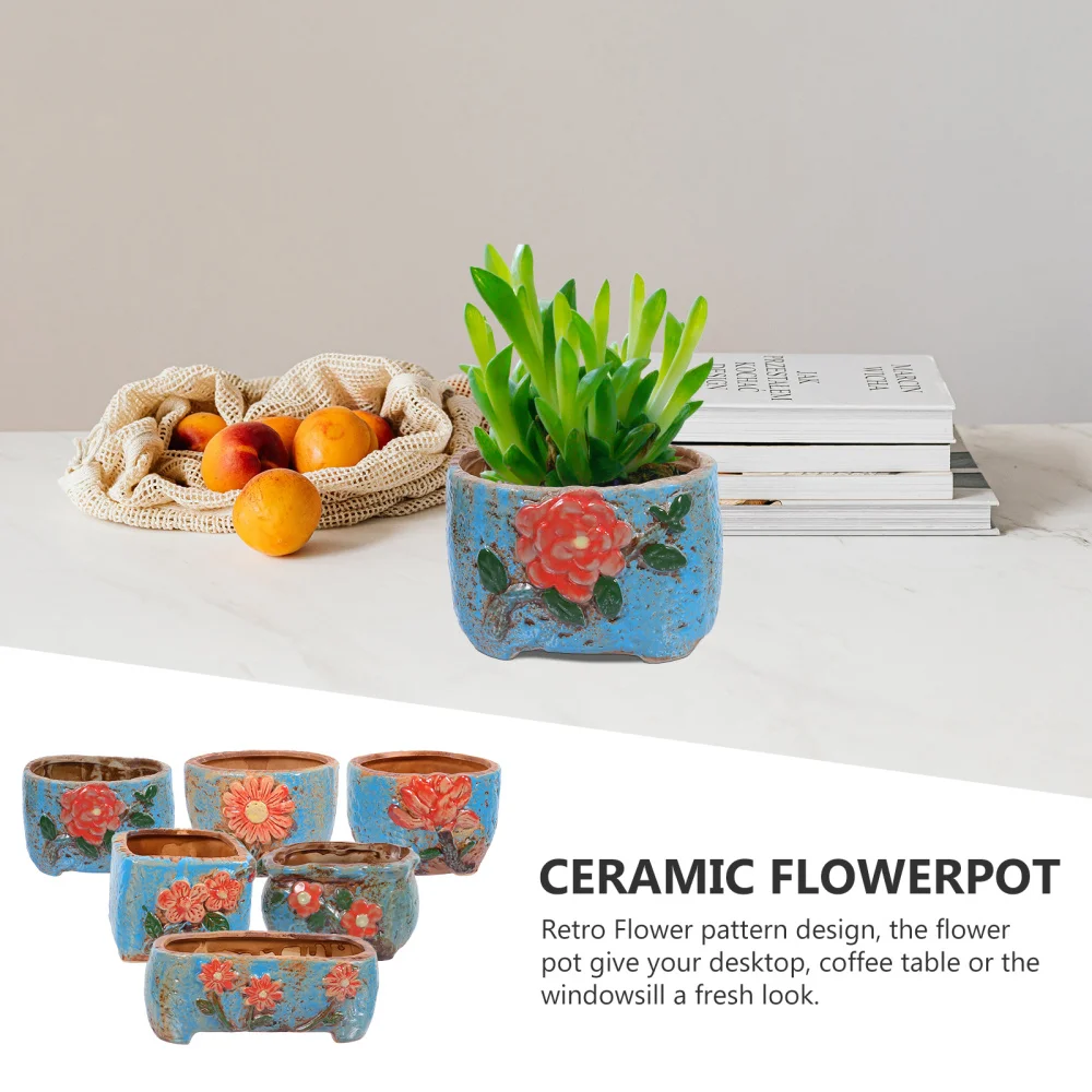 

6pcs Mini Succulent Pot Retro Flower Pattern Desktop Plant Pot Flower Pot