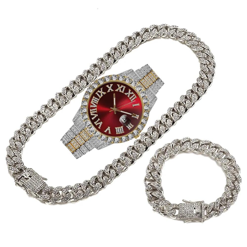 

Luxury Gold Watch for Men Full Iced Out Watch Men Bling Miami Cuban Clock Chain Rhinestone Bracelet Necklace Jewelry Set Relogio