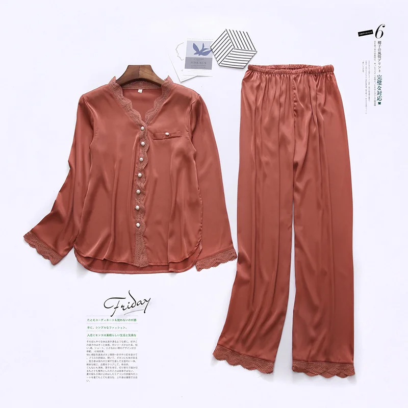 

Sexy Lace Trim Pajamas Sleepwear Autumn Ice Silk Long Sleeve Trousers Suit Fashion Pyjamas Set Nightwear Homewear