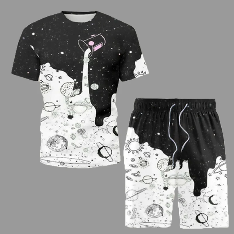 

Комплект спортивной одежды мужской из 2 предметов, футболка и шорты, с принтом звездного неба, с молочной чашкой, повседневная одежда, коротк...