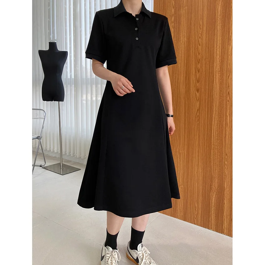

Summer Simple Cotton Polo Dress Women Casual Loose Straight Knee-length Dresses Female Grey Midi Shirt Dress Ladies Clothes