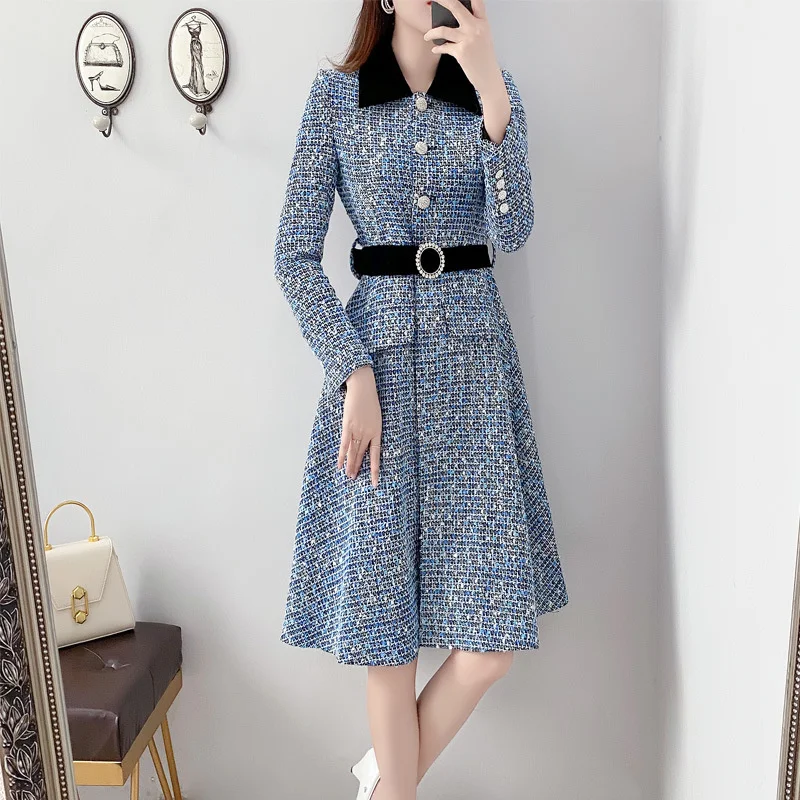 Elegant Luxury Office Lady Tweed Dress Autumn Winter Single Breasted Midi Dress Streetwear Blue Long Sleeve Slim Fit Dress