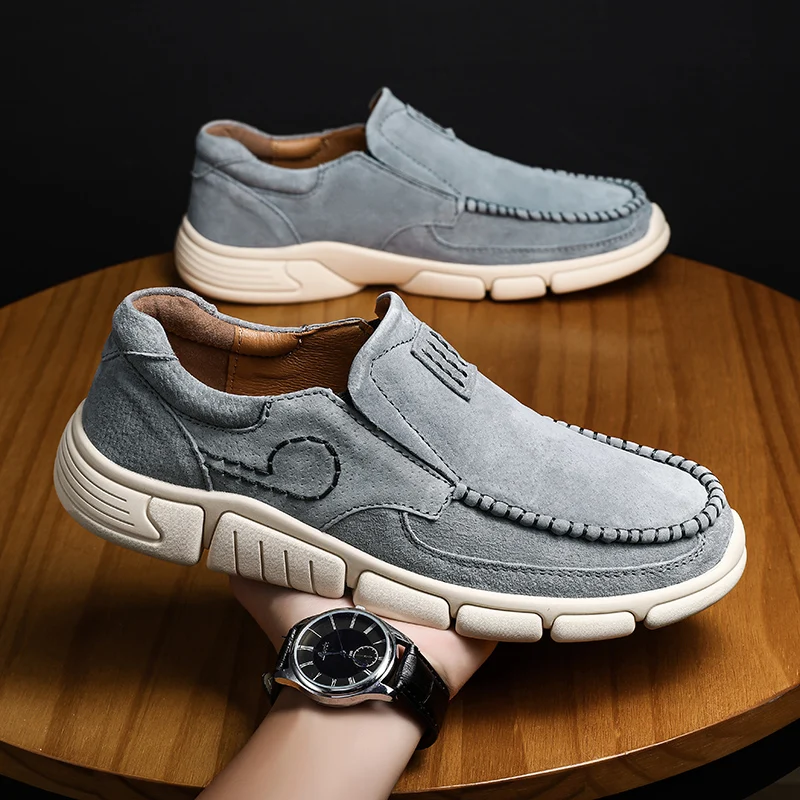

Leather Men's Loafers Fashion Hand Stitched Slip-On Shoes British Trend Outdoor Casual Flat Shoes Boutique Men Driving Shoes