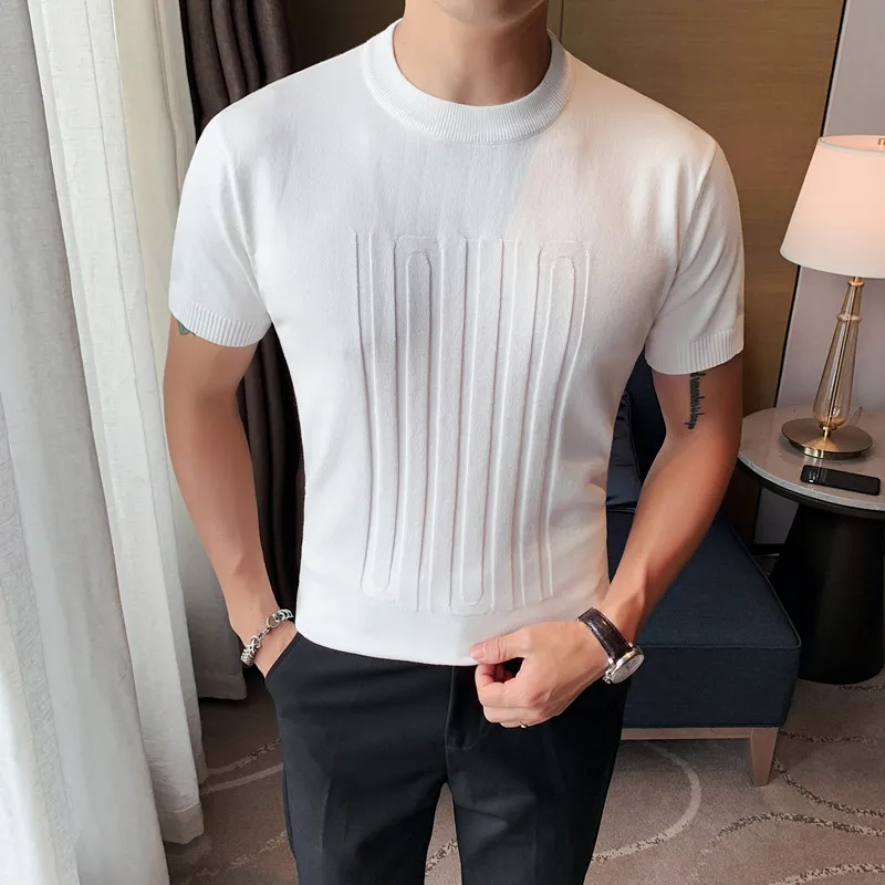 

2021 Summer New Short Sleeve T- Shirts Men Solid Color O-neck Knitted T Shirts Vintage Business Casual Slim Tee Tops Street Wear