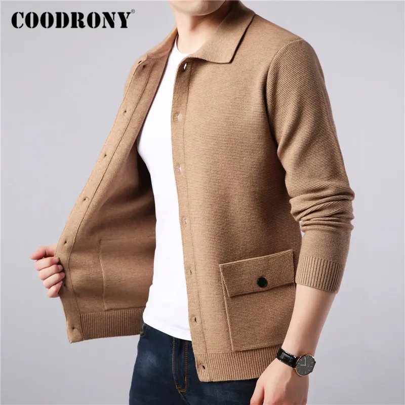 Бренд COODRONY, мужской свитер, уличная мода, мужской свитер, пальто, Осень-зима, теплый кашемировый шерстяной кардиган, мужской кардиган с карманом, 91104