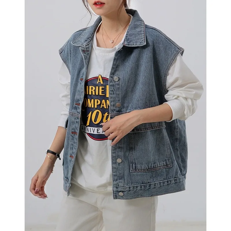 

Solid Color Cotton Sleeveless Waistcoat Loose Slimming Vest Denim Fashion Urban Leisure Lapel Coat Women's Autumn 2020 Spring