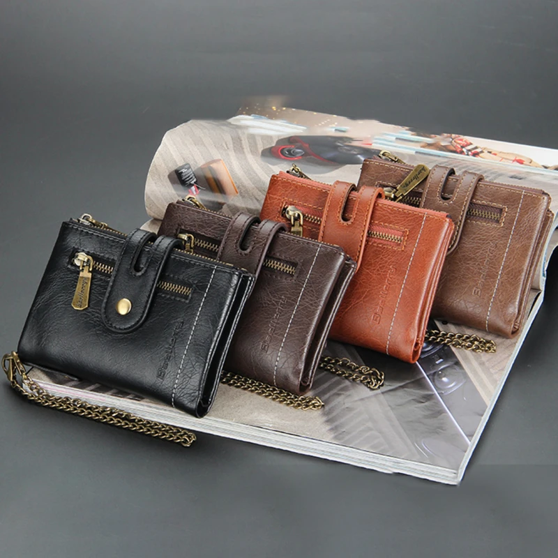 

Men Wallet Short Male Wallet PU Leather High Quality Multi-card Male Purse Zipper Pouch Retro Threefold Chain Money Bag