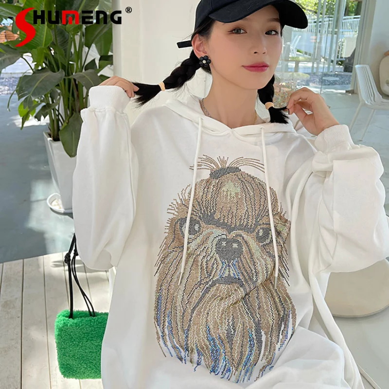 

Casual Rhinestone Pullover Hooded Sweatshirt for Women 2021 New Fashion Kawaii Clothing Aesthetic Woman Thin Long Sleeve Hoodie