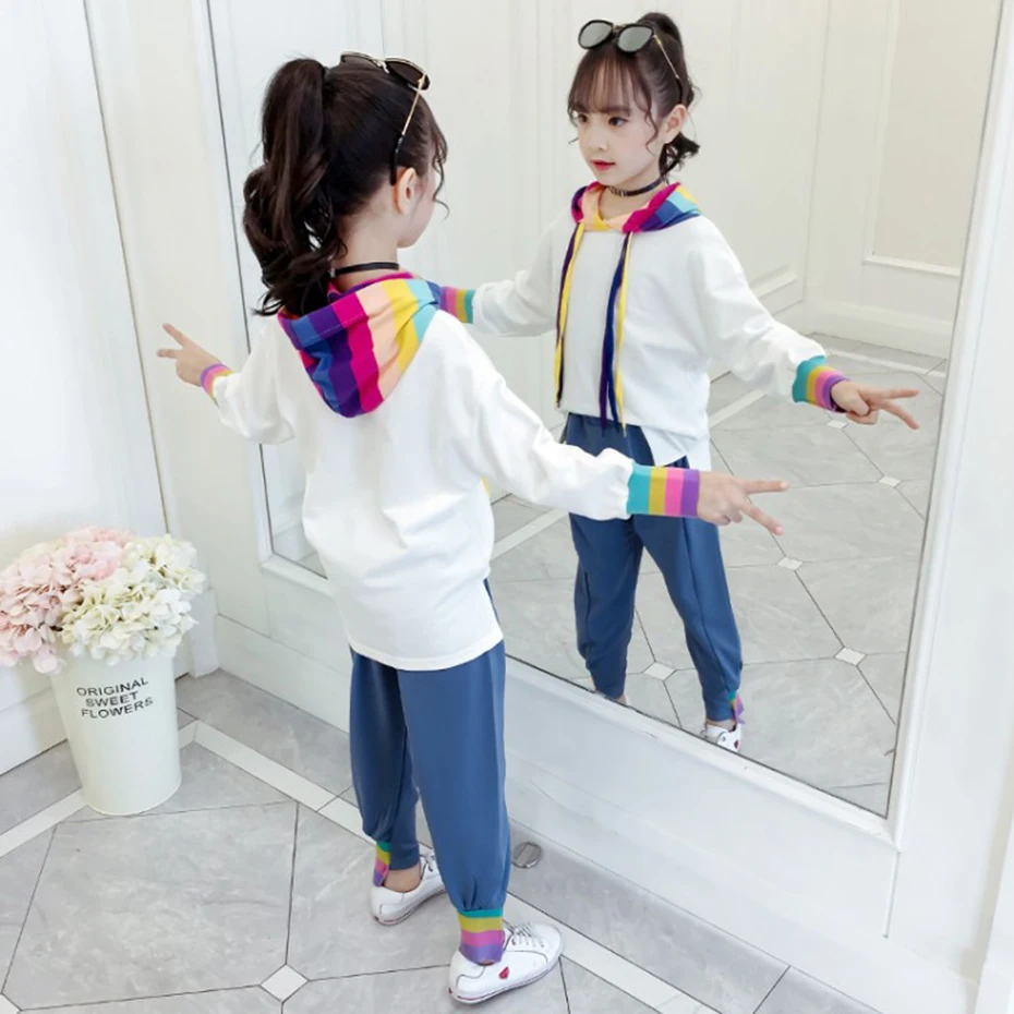 Одежда для девочек Лоскутные толстовки и брюки костюм в радужную полоску